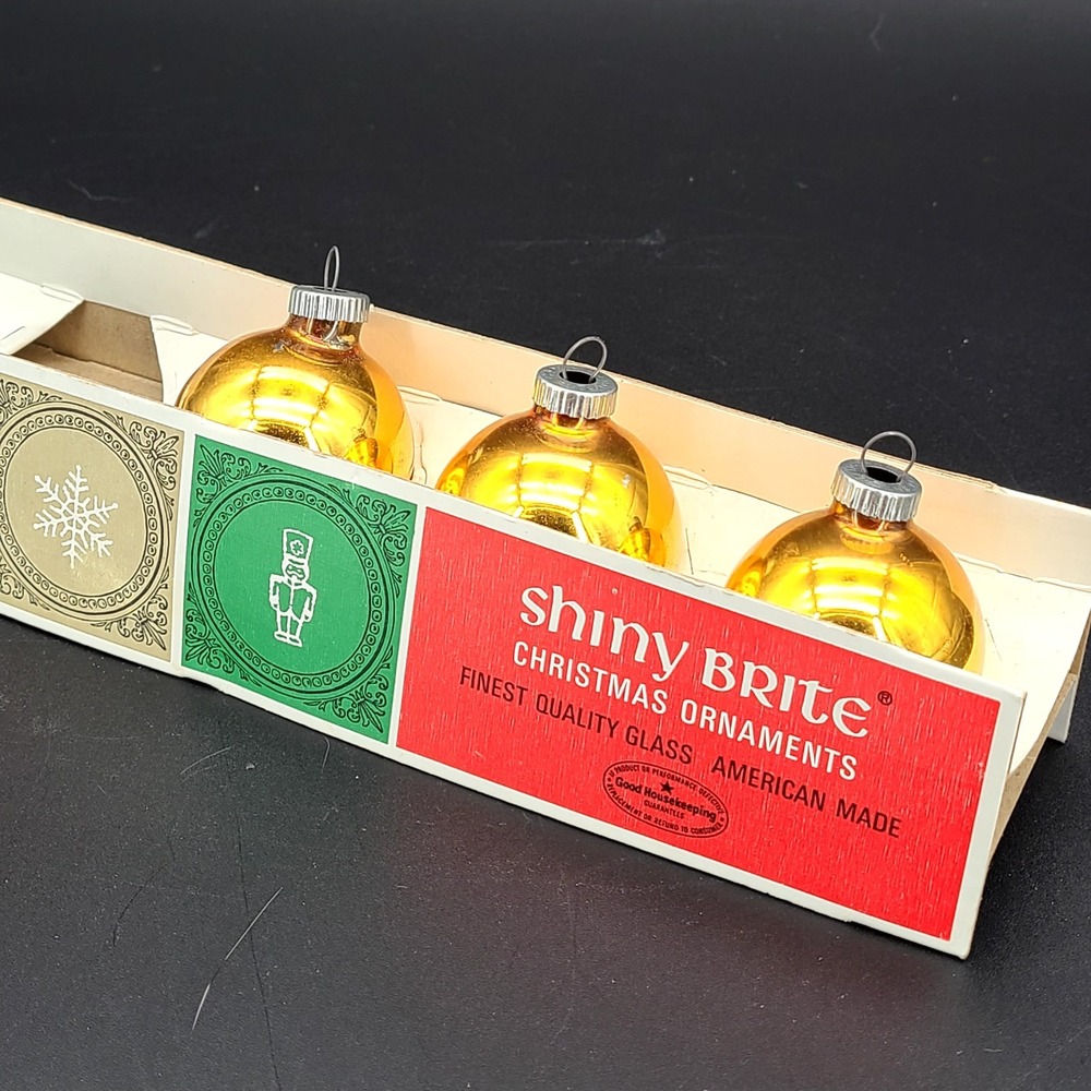 Vintage Shiny Brite Glass Christmas Ornaments 2" Yellow Gold Set of 3 Box